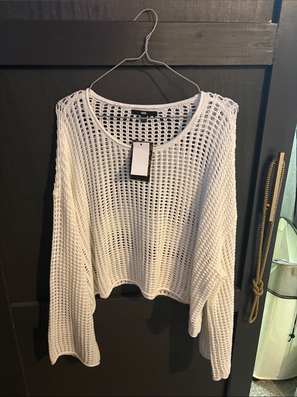 Vans White Open-Weave Cropped Crew Sweater